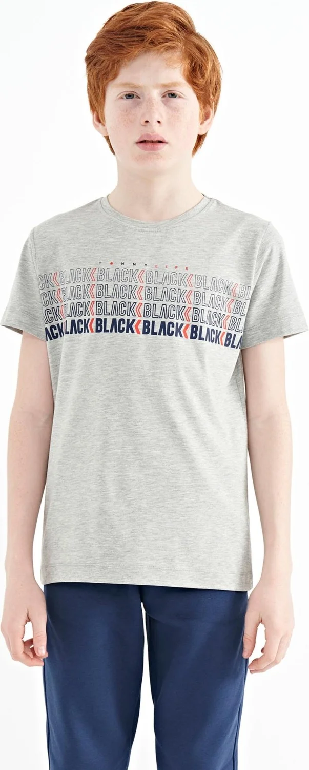 Tommy Life Gray Melange Text Printed O Neck Standard Pattern Boy T-Shirt - 11149