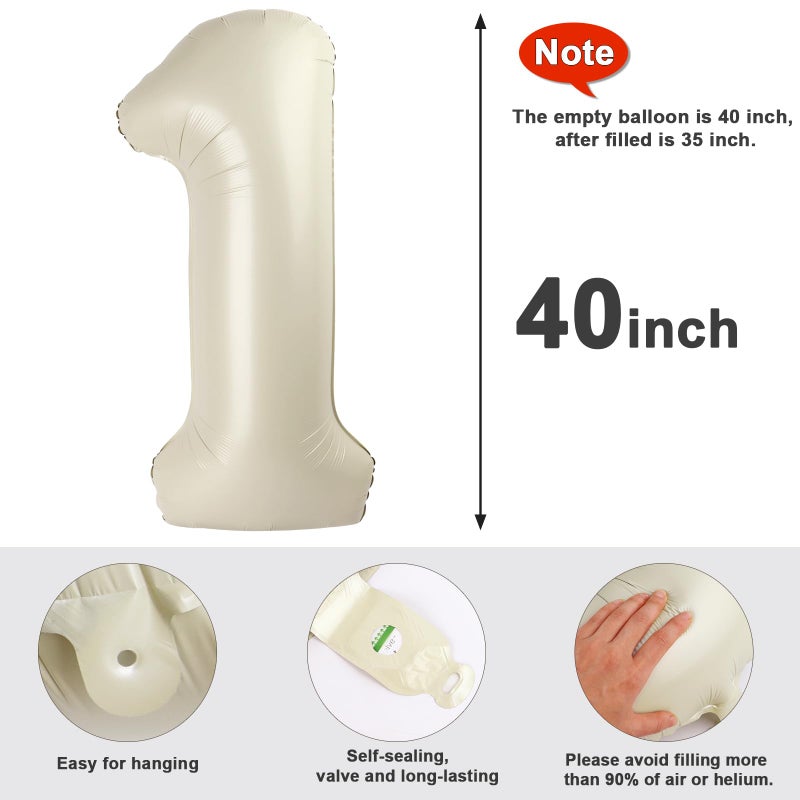 Mluchee Number Balloons 1, 40 Inch One Balloons for 1st Birthday Girl Boy 1 11 21 Party Decorations Baby Shower Photo Shoot, Cream White 1 Balloon - Image 5