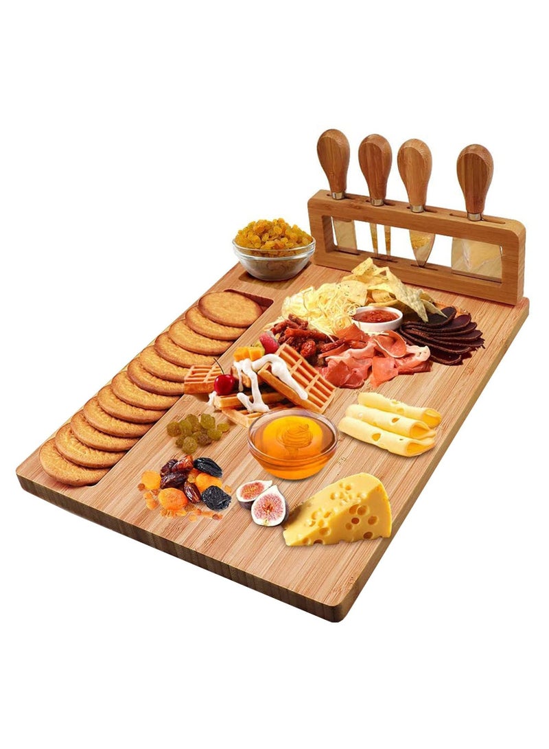 Bamboo Cheese Board Set Cheese Tray Charcuterie Board and Meat Platter with 4 Stainless Steel Cheese Knives Great for Wedding Gifts Christmas Gifts Birthday Parties (36*28cm) - Image 1