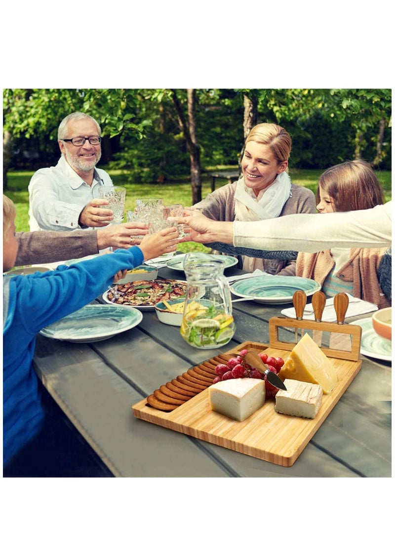 Bamboo Cheese Board Set Cheese Tray Charcuterie Board and Meat Platter with 4 Stainless Steel Cheese Knives Great for Wedding Gifts Christmas Gifts Birthday Parties (36*28cm) - Image 3