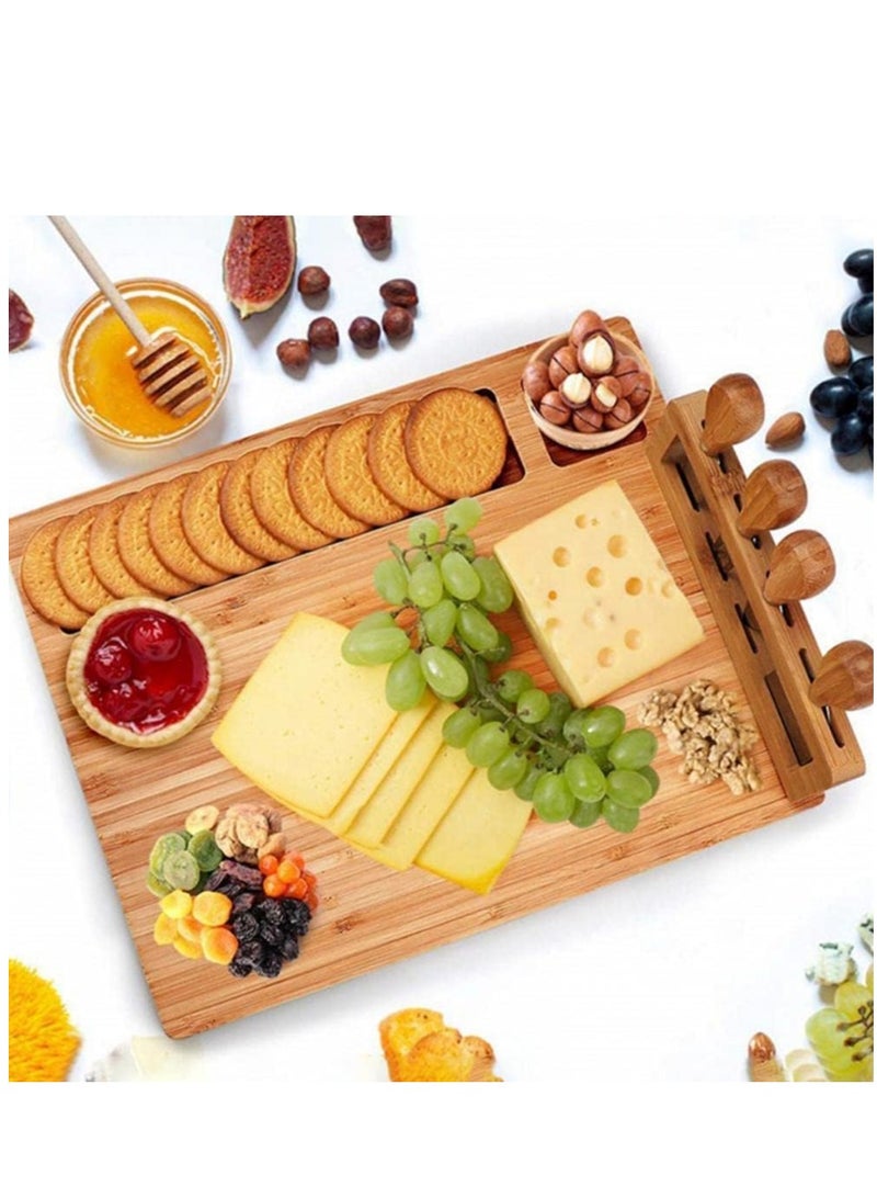 Bamboo Cheese Board Set Cheese Tray Charcuterie Board and Meat Platter with 4 Stainless Steel Cheese Knives Great for Wedding Gifts Christmas Gifts Birthday Parties (36*28cm) - Image 2