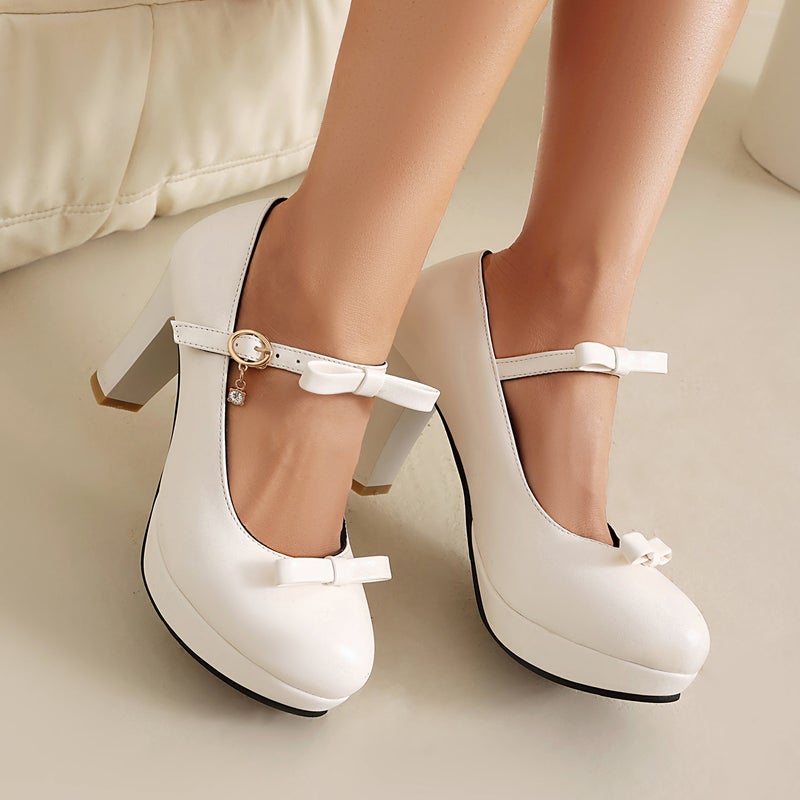 Foreign Order 2025 Spring High-Heeled Thick-Soled Shoes 40-43 Large Size Bow Buckle Strap Pumps - Image 4