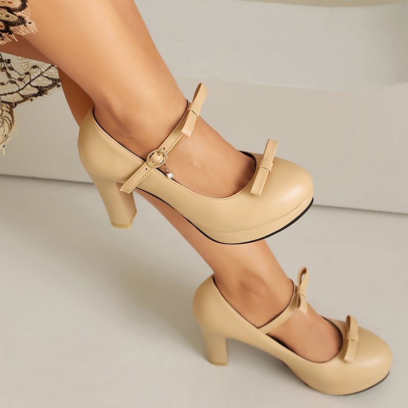 Foreign Order 2025 Spring High-Heeled Thick-Soled Shoes 40-43 Large Size Bow Buckle Strap Pumps - Image 3