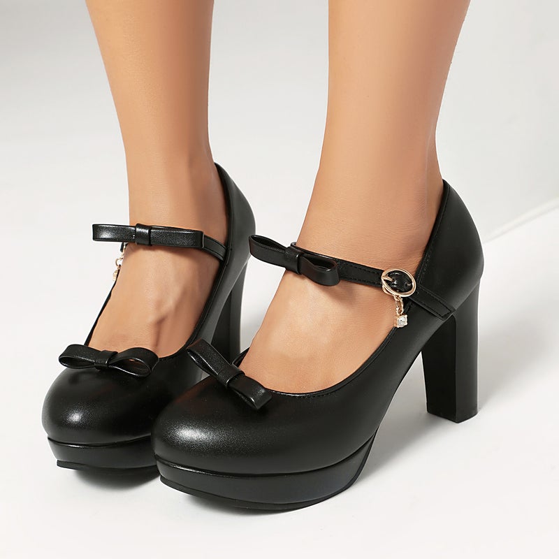 Foreign Order 2025 Spring High-Heeled Thick-Soled Shoes 40-43 Large Size Bow Buckle Strap Pumps - Image 2