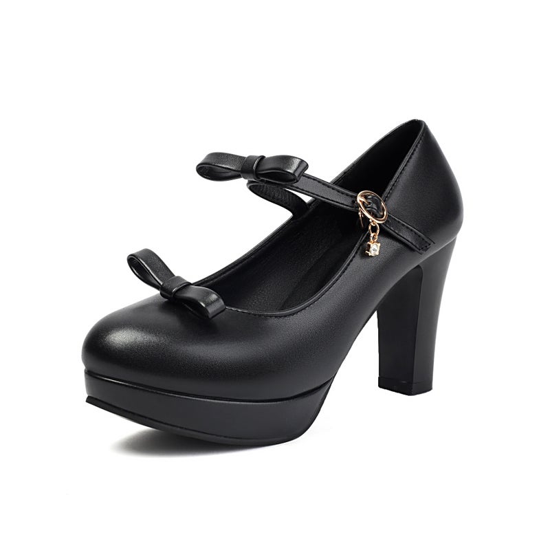 Foreign Order 2025 Spring High-Heeled Thick-Soled Shoes 40-43 Large Size Bow Buckle Strap Pumps - Image 1