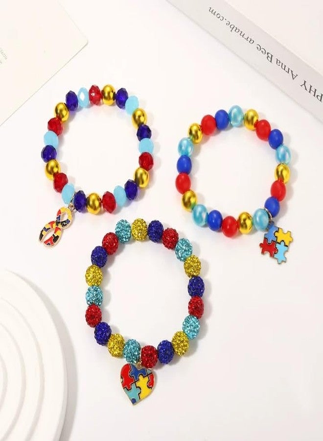 ARATLENCH Autism Bracelets Colorful Rhinestone Beaded Heart Ribbon Puzzle Charms Stretch Bracelets Autism Awareness Stackable Bracelet Jewelry Accessories Gift for Adults (autism bracelets, 3) - Image 2