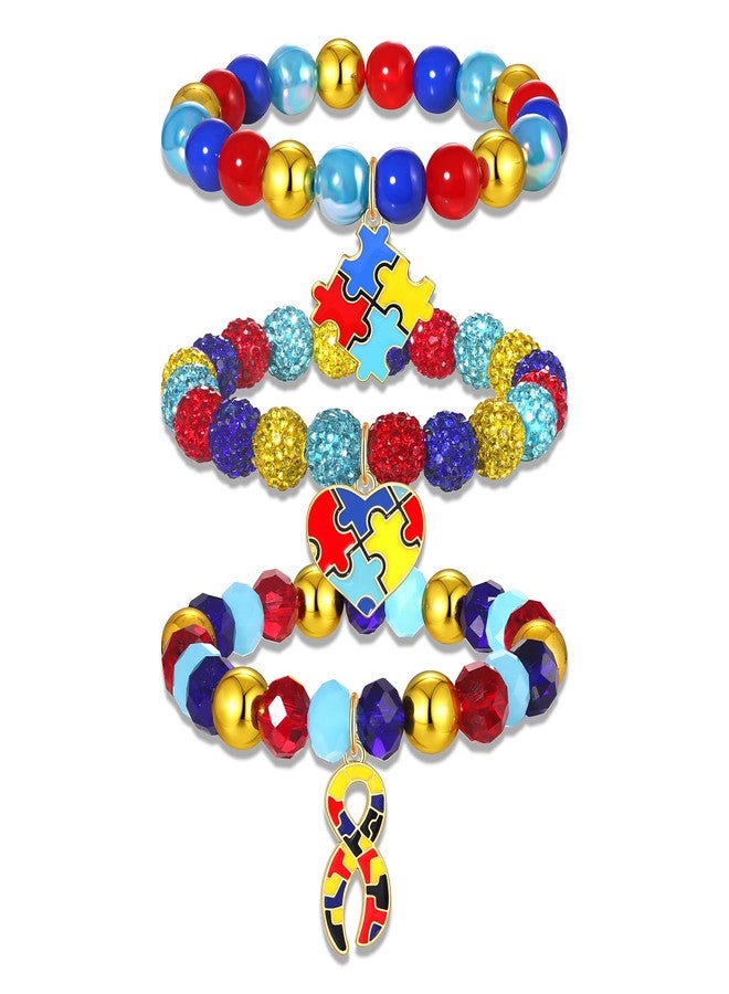 ARATLENCH Autism Bracelets Colorful Rhinestone Beaded Heart Ribbon Puzzle Charms Stretch Bracelets Autism Awareness Stackable Bracelet Jewelry Accessories Gift for Adults (autism bracelets, 3) - Image 1