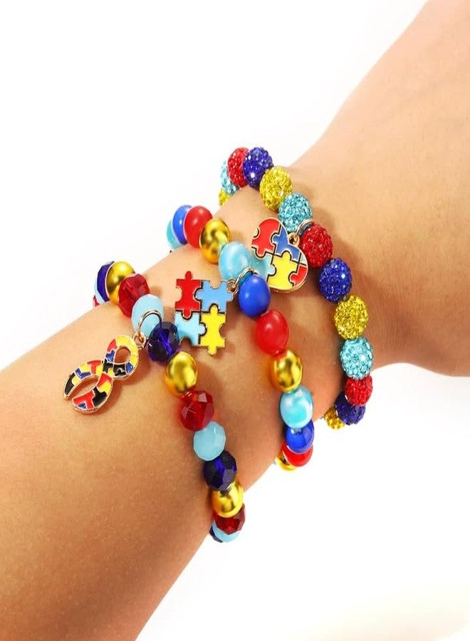 ARATLENCH Autism Bracelets Colorful Rhinestone Beaded Heart Ribbon Puzzle Charms Stretch Bracelets Autism Awareness Stackable Bracelet Jewelry Accessories Gift for Adults (autism bracelets, 3) - Image 4