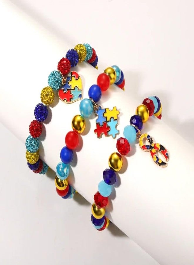 ARATLENCH Autism Bracelets Colorful Rhinestone Beaded Heart Ribbon Puzzle Charms Stretch Bracelets Autism Awareness Stackable Bracelet Jewelry Accessories Gift for Adults (autism bracelets, 3) - Image 3
