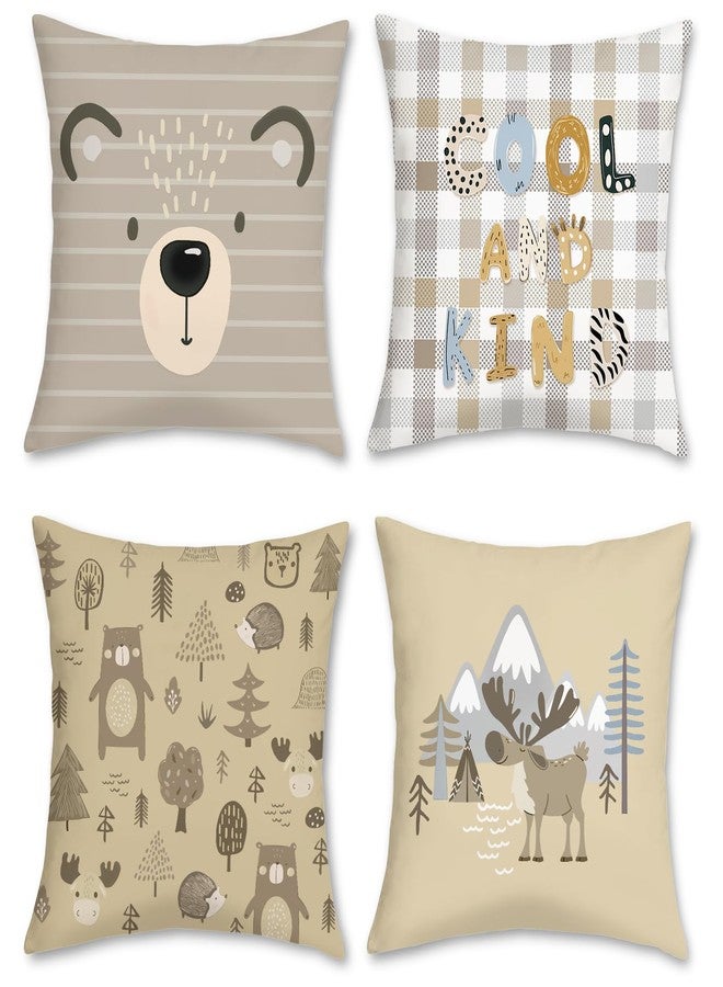 Bonhause Cartoon Animals Throw Pillow Covers 18 x 18 Inch Cute Bear Elk Tree Mountain Decorative Pillows Case Soft Velvet Cushion Covers for Girls Boys Kids Bedroom Nursery Decor Set of 4 - Image 1