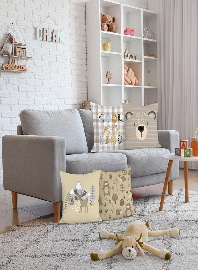Bonhause Cartoon Animals Throw Pillow Covers 18 x 18 Inch Cute Bear Elk Tree Mountain Decorative Pillows Case Soft Velvet Cushion Covers for Girls Boys Kids Bedroom Nursery Decor Set of 4 - Image 2