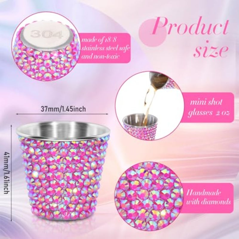 Pack Valentine Shot Glasses 1 oz Rhinestone Stainless Steel Bling Mini Cup Small Glitter Metal Drinking Cups Pint Cup Barware Drinking Vessel for Whiskey Women Birthday Gift - Image 2