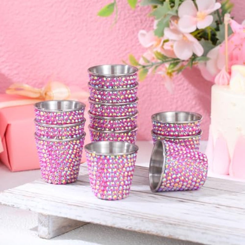 Pack Valentine Shot Glasses 1 oz Rhinestone Stainless Steel Bling Mini Cup Small Glitter Metal Drinking Cups Pint Cup Barware Drinking Vessel for Whiskey Women Birthday Gift - Image 3
