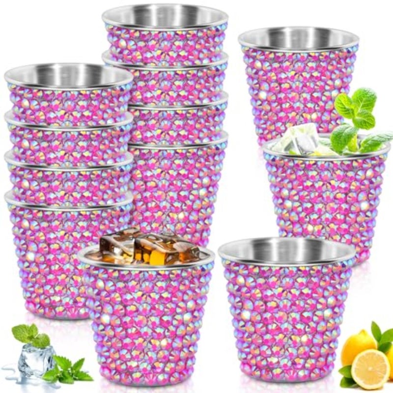 Pack Valentine Shot Glasses 1 oz Rhinestone Stainless Steel Bling Mini Cup Small Glitter Metal Drinking Cups Pint Cup Barware Drinking Vessel for Whiskey Women Birthday Gift - Image 1