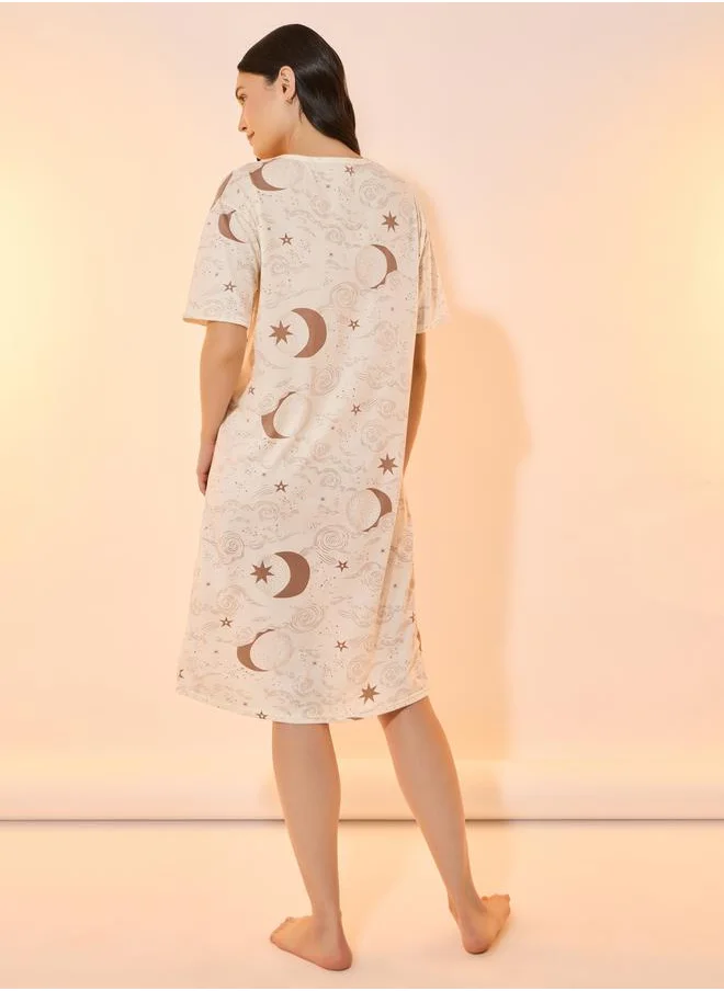 Take Two Moon & Stars Print Round Neck Nightdress