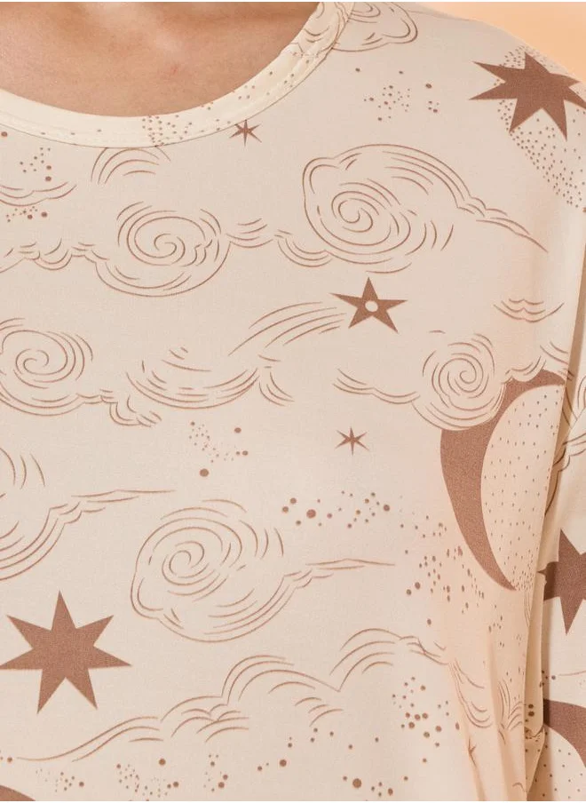 Take Two Moon & Stars Print Round Neck Nightdress