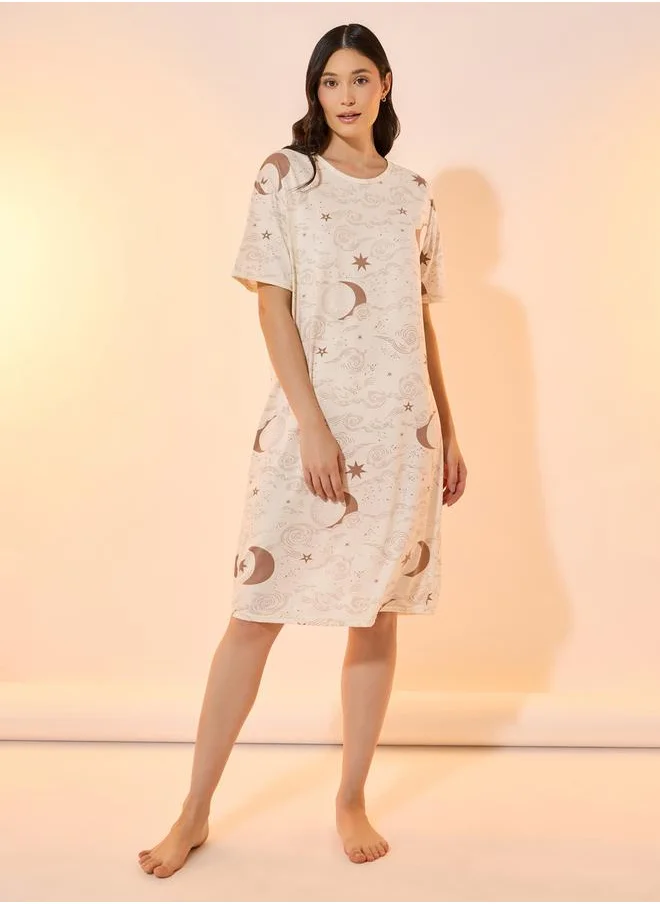 Take Two Moon & Stars Print Round Neck Nightdress