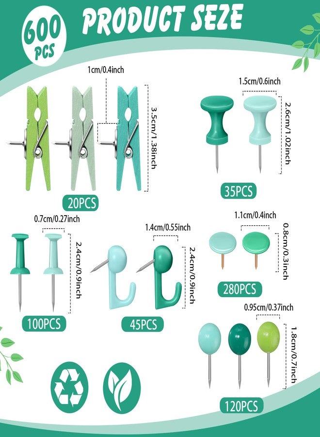 Sawysine مجموعة دبابيس ضغط من Sawysine، 600 قطعة، دبابيس إبهام مزخرفة، دبابيس مشابك خشبية، خطافات دبابيس ضغط، مشابك دبابيس ضغط، 6 أنماط، ملحقات مكتبية للوحات الإعلانات، الجدران، لوحات الفلين، الخرائط، المكتب (لون أخضر نباتي) - Image 2