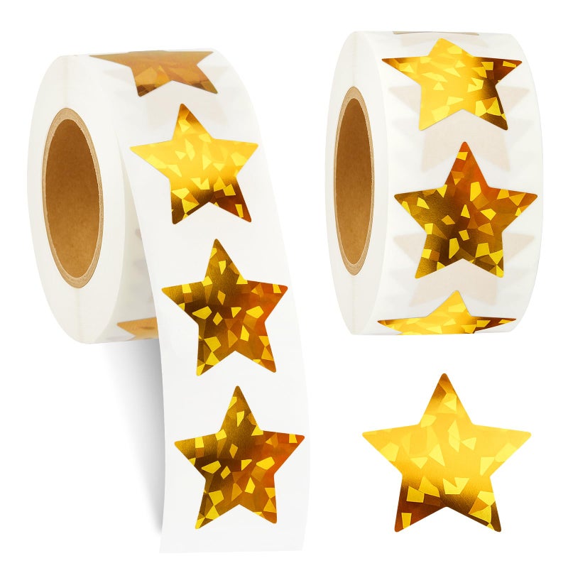 MOWPOG Star Stickers for Kids Reward, 1000 pcs Holographic Gold Star Stickers, 2 Rolls Sparkly Foil Star Stickers for Behavior Chart, Student Planner, School Classroom Students Teacher Supplies (1 inch) - Image 1
