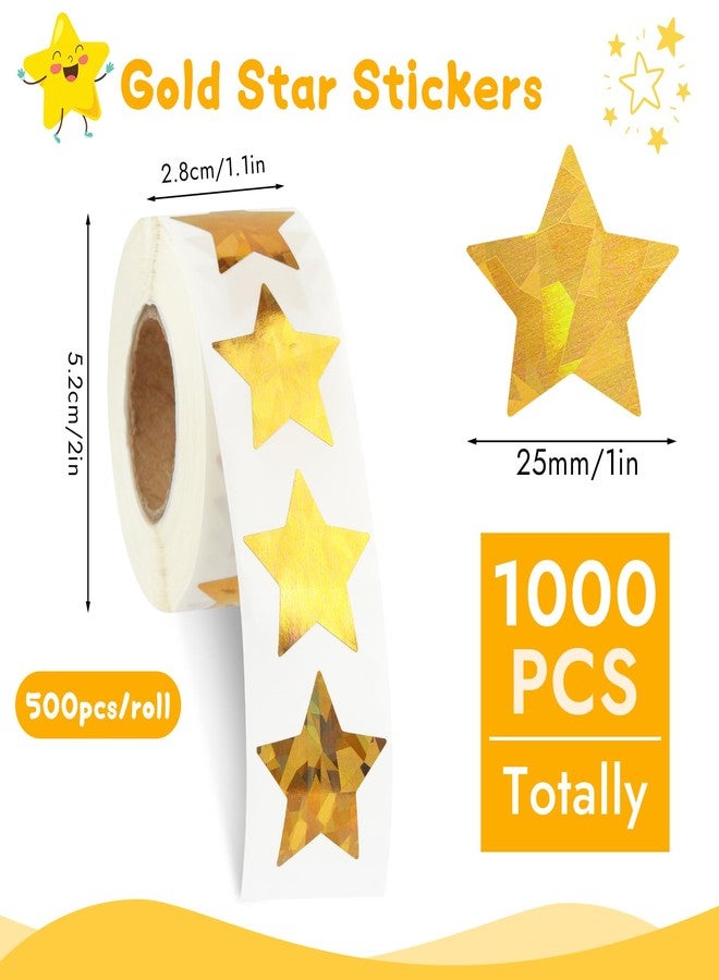 MOWPOG Star Stickers for Kids Reward, 1000 pcs Holographic Gold Star Stickers, 2 Rolls Sparkly Foil Star Stickers for Behavior Chart, Student Planner, School Classroom Students Teacher Supplies (1 inch) - Image 2