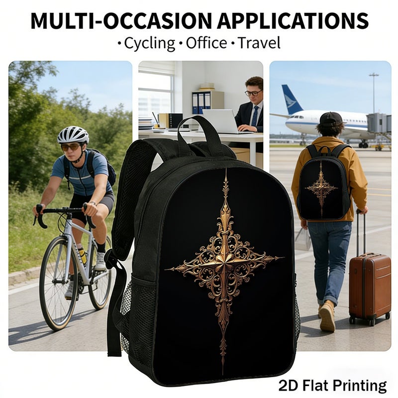 Fashion Golden Ornate Cross Filigree Backpack Durable Large Capacity 2D Flat Print for weekend travel outdoor for Unisex - Image 5