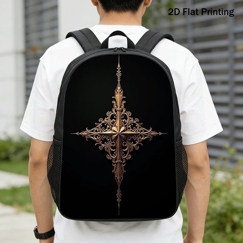 Fashion Golden Ornate Cross Filigree Backpack Durable Large Capacity 2D Flat Print for weekend travel outdoor for Unisex - Image 1