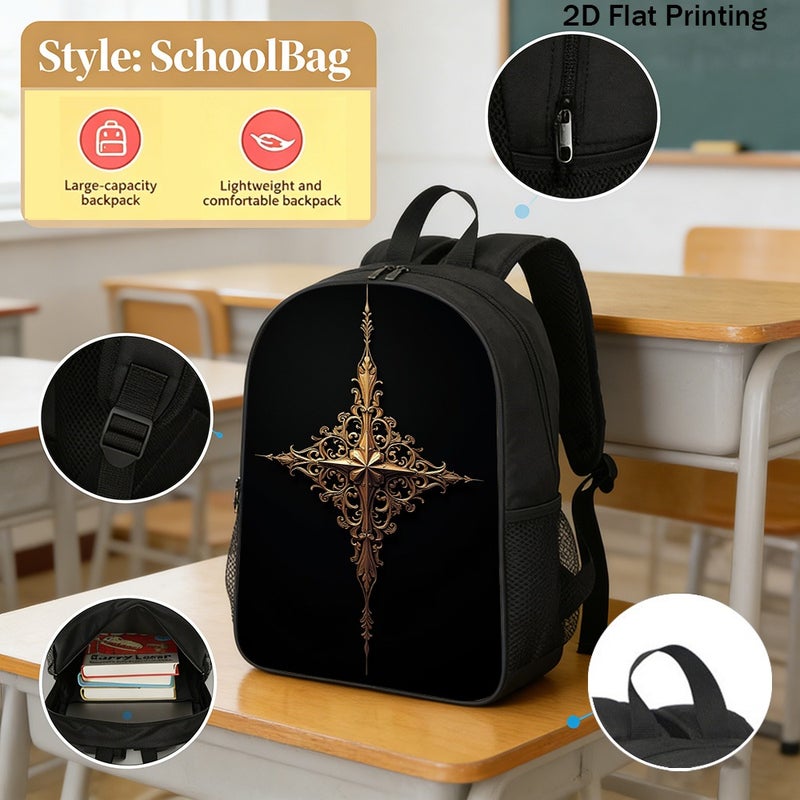 Fashion Golden Ornate Cross Filigree Backpack Durable Large Capacity 2D Flat Print for weekend travel outdoor for Unisex - Image 2