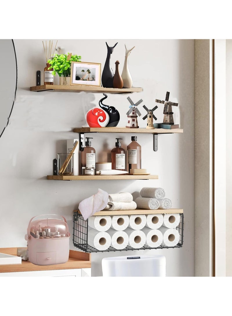 Vparty Floating Bathroom Shelf with Wire Basket – Rustic Wood Wall-Mounted Shelf for Toilet Storage, Farmhouse Style, Bathroom Organizer, Space-Saving Wall Shelf, Decorative Storage Rack, Wooden Shelf with Metal Basket for Towels, Toiletries, and Accessories 40 CM X 15 CM  - Image 1