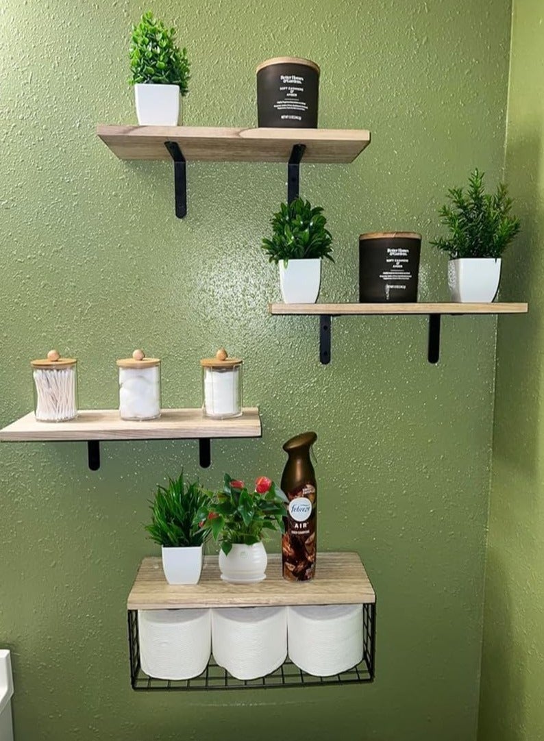 Vparty Floating Bathroom Shelf with Wire Basket – Rustic Wood Wall-Mounted Shelf for Toilet Storage, Farmhouse Style, Bathroom Organizer, Space-Saving Wall Shelf, Decorative Storage Rack, Wooden Shelf with Metal Basket for Towels, Toiletries, and Accessories 40 CM X 15 CM  - Image 3