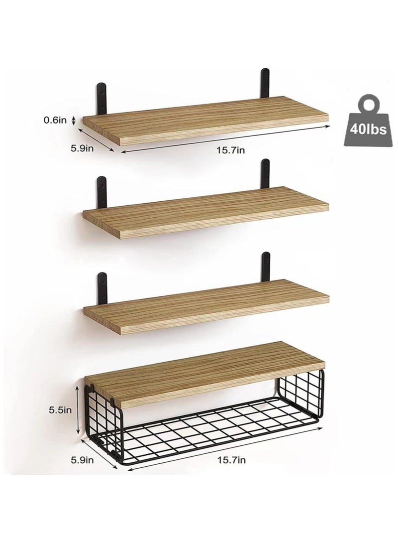 Vparty Floating Bathroom Shelf with Wire Basket – Rustic Wood Wall-Mounted Shelf for Toilet Storage, Farmhouse Style, Bathroom Organizer, Space-Saving Wall Shelf, Decorative Storage Rack, Wooden Shelf with Metal Basket for Towels, Toiletries, and Accessories 40 CM X 15 CM  - Image 2