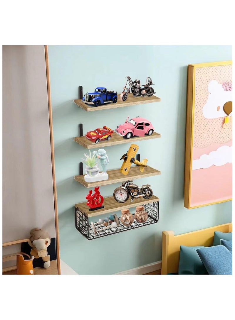 Vparty Floating Bathroom Shelf with Wire Basket – Rustic Wood Wall-Mounted Shelf for Toilet Storage, Farmhouse Style, Bathroom Organizer, Space-Saving Wall Shelf, Decorative Storage Rack, Wooden Shelf with Metal Basket for Towels, Toiletries, and Accessories 40 CM X 15 CM  - Image 4