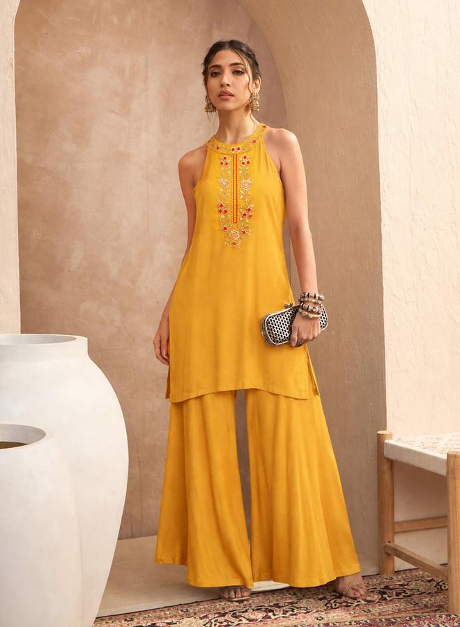 SASSAFRAS Mustard Embroidered Halter Kurta With Palazzos - Image 1