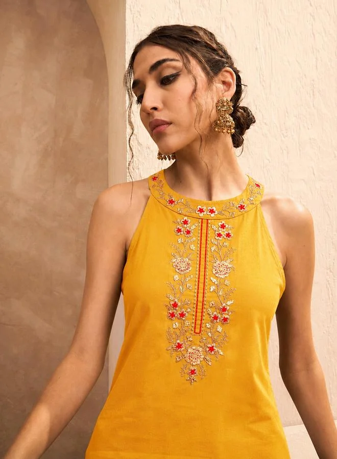Sassafras  Mustard Embroidered Halter Kurta With Palazzos for Women | Best Price UAE