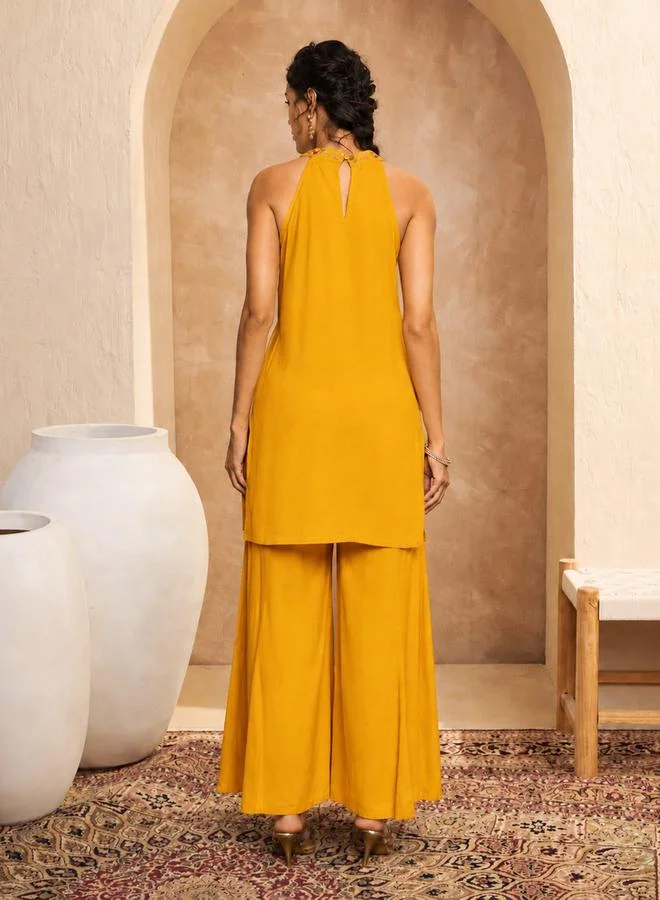 Sassafras  Mustard Embroidered Halter Kurta With Palazzos for Women | Best Price UAE
