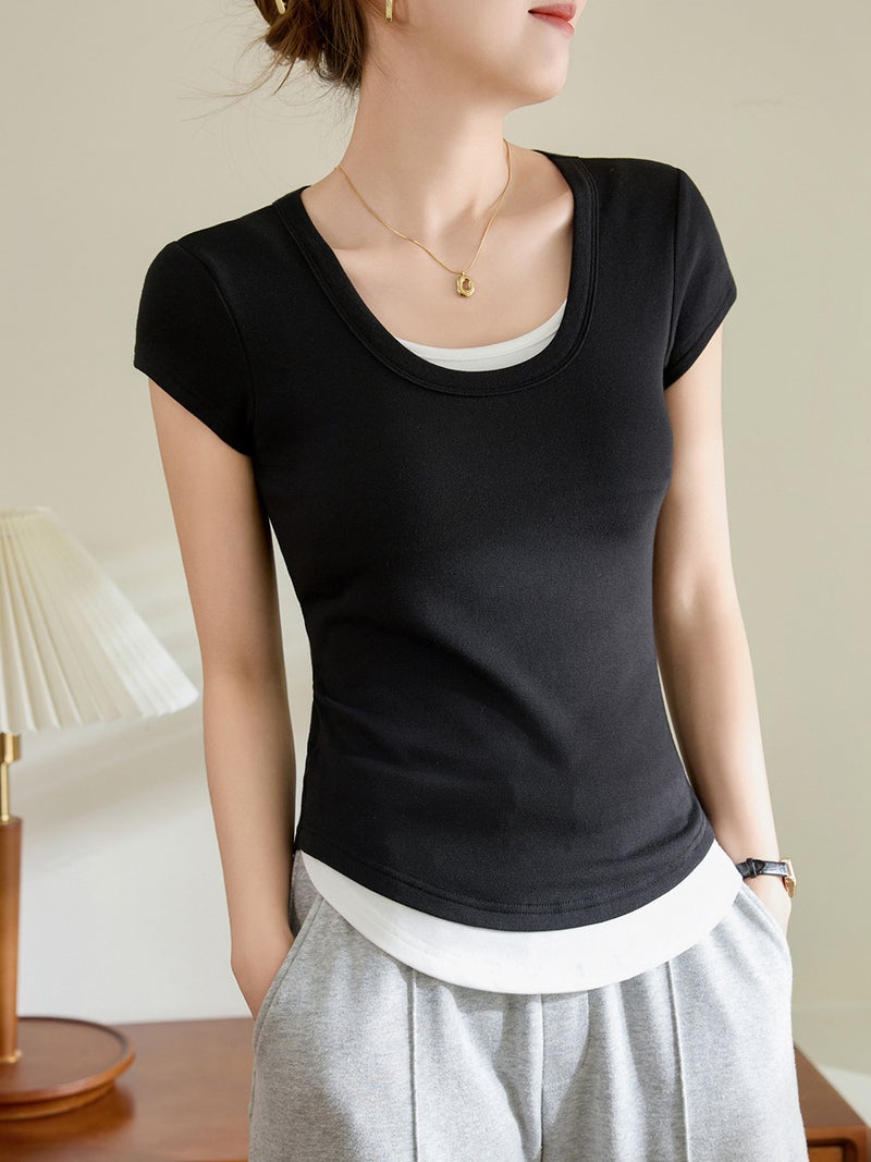 [Contrast Color Non-Dying] Pure Cotton T-Shirt Women'S Summer Short-Sleeved Curved Splicing Fake Two-Piece Bottoming Shirt - Image 4