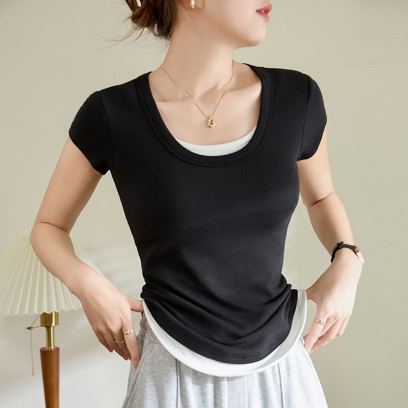 [Contrast Color Non-Dying] Pure Cotton T-Shirt Women'S Summer Short-Sleeved Curved Splicing Fake Two-Piece Bottoming Shirt - Image 1