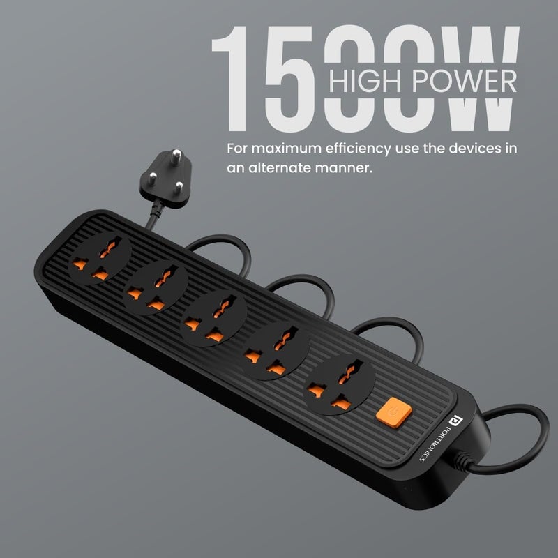 Portronics Power Plate 13 Multiplug Extension Board with 5 Power Sockets, 1500W, 2M Cord Length, Fire Proof Material, Short Circuit Protection(Black) - Image 5