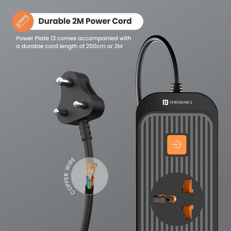 Portronics Power Plate 13 Multiplug Extension Board with 5 Power Sockets, 1500W, 2M Cord Length, Fire Proof Material, Short Circuit Protection(Black) - Image 2