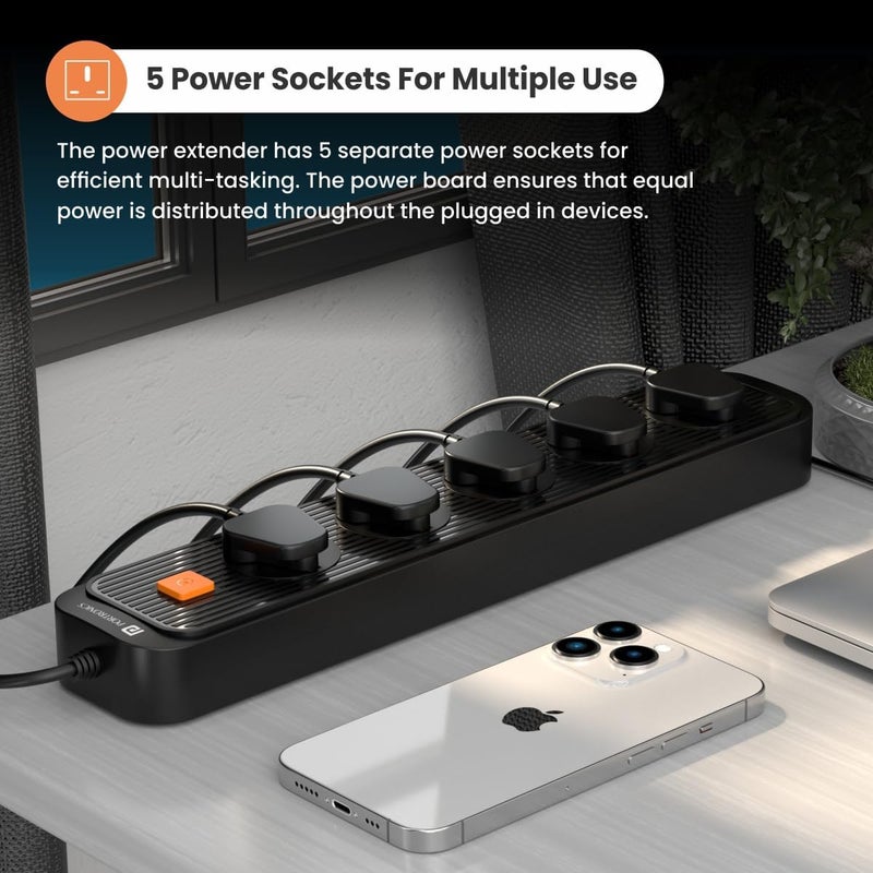 Portronics Power Plate 13 Multiplug Extension Board with 5 Power Sockets, 1500W, 2M Cord Length, Fire Proof Material, Short Circuit Protection(Black) - Image 3
