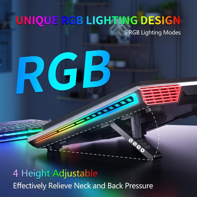 Exrp Gaming Laptop Cooling Pad, RGB Laptop Cooler with 3 Powerful Turbofans, 4 Height Adjustable Laptop Cooling Stand, 5 Fan Speed Touch Control, Seal Memory Foam for Cooling 12-19.3 inch Laptop - Image 3