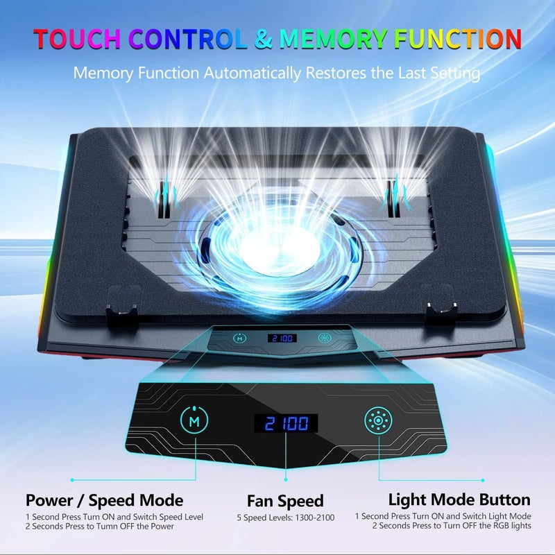 Exrp Gaming Laptop Cooling Pad, RGB Laptop Cooler with 3 Powerful Turbofans, 4 Height Adjustable Laptop Cooling Stand, 5 Fan Speed Touch Control, Seal Memory Foam for Cooling 12-19.3 inch Laptop - Image 4
