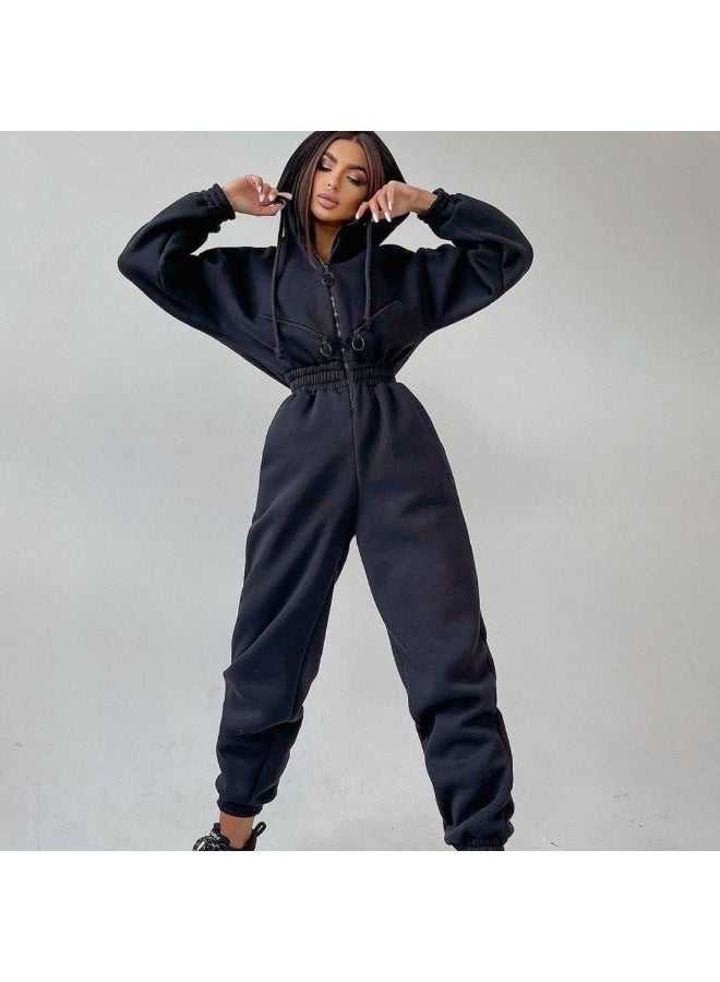 NIBEMINENT Warm Winter Women Hooded Playsuit Solid Color Thick Tight Waist Rompers Casual Women Hoodie Jumpsuit Overalls combinaison femme - Image 2