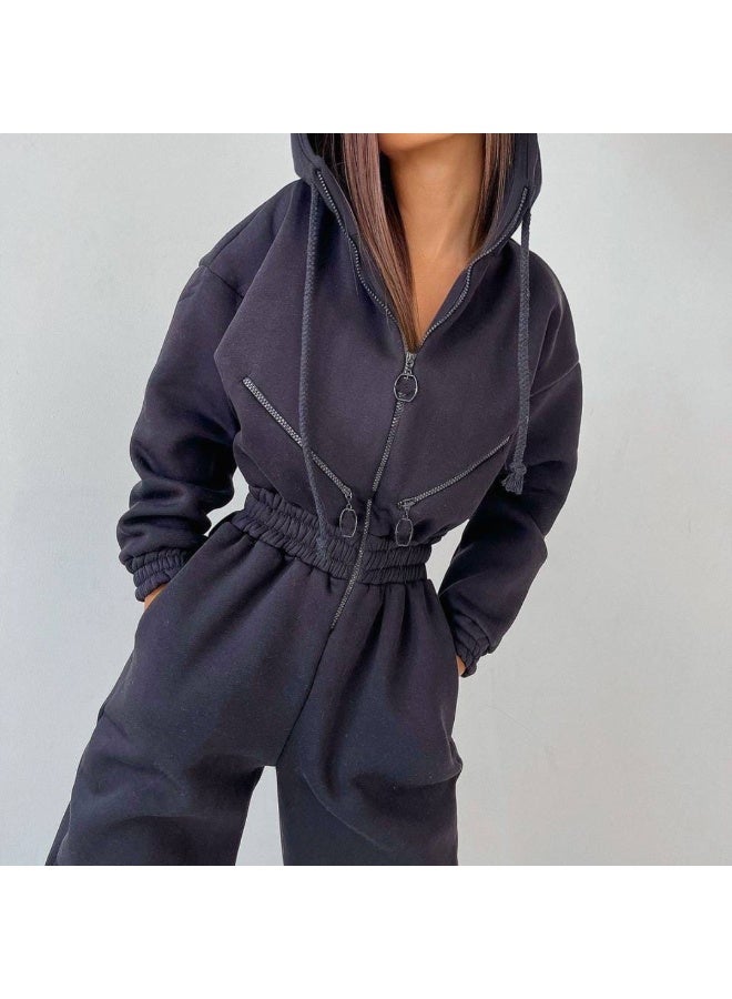 NIBEMINENT Warm Winter Women Hooded Playsuit Solid Color Thick Tight Waist Rompers Casual Women Hoodie Jumpsuit Overalls combinaison femme - Image 3