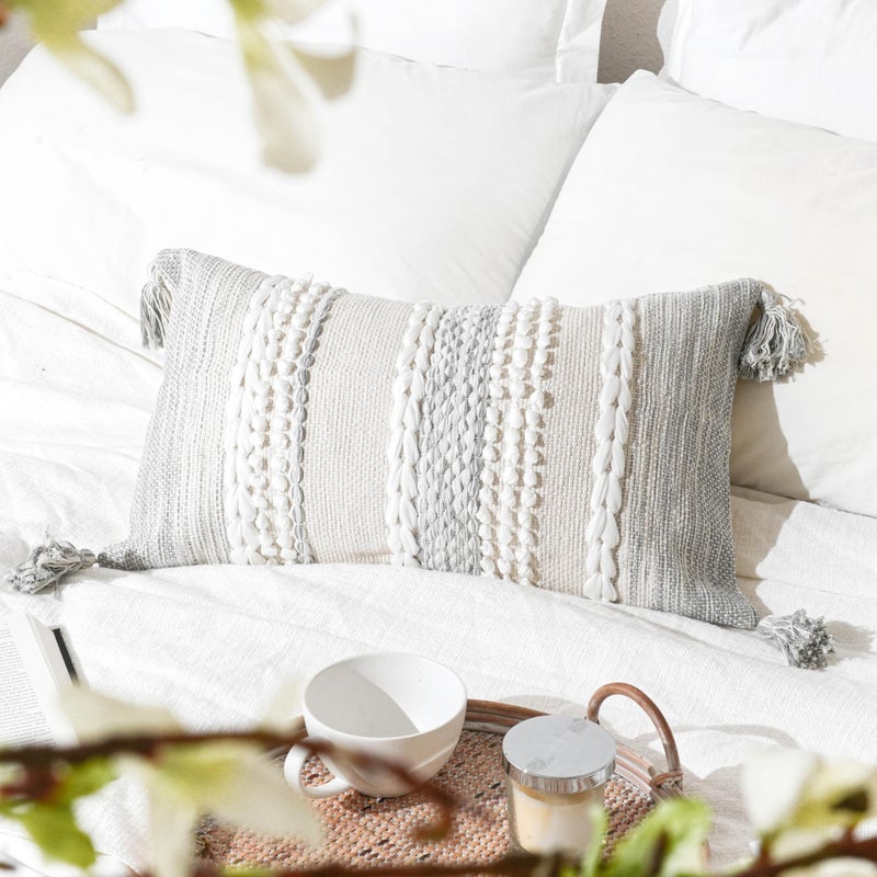 BlissBlush Gray Decorative Lumbar Pillow Cover 14x24, Boho Accent Throw Pillow Case for Couch Sofa Bed, Modern Farmhouse Textured Lumbar Cushion Bedroom Living Room, Cover ONLY - Image 1