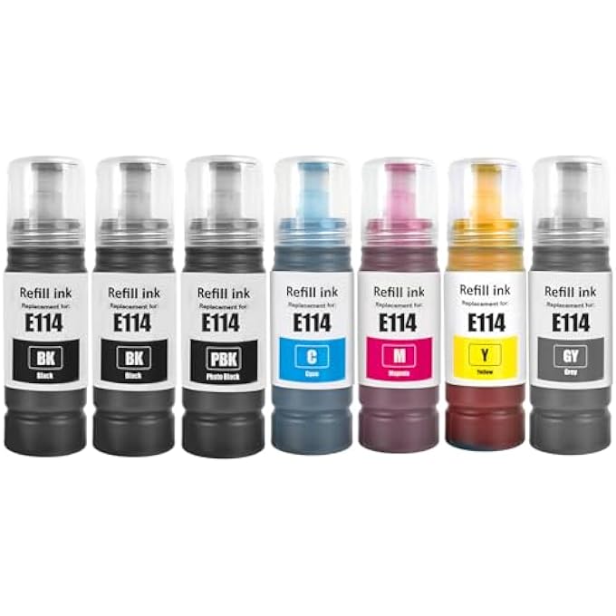7 COLOR 114 INK COMPATIBLE WITH EPSON 114 INK CARTRIDGES BOTTLE MULTIPACK FOR EP ET-8500 ET-8550 INK TANK PRINTER (6 PACK, 2 BLACK/PHOTO BLACK/CYAN/MAGENTA/YELLOW/GREY)