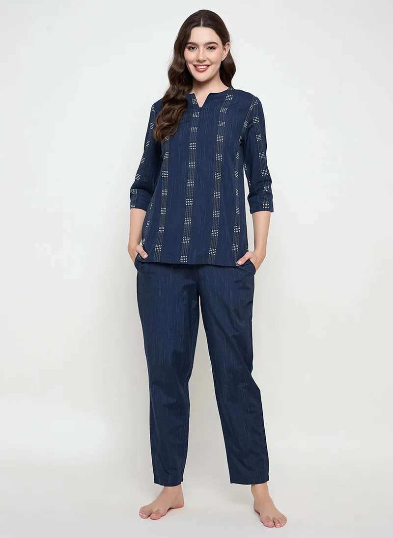Clovia Clovia Printed Top & Pyjama Set in Navy - Cotton