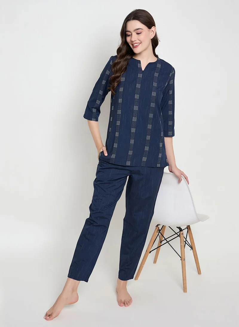 Clovia Clovia Printed Top & Pyjama Set in Navy - Cotton