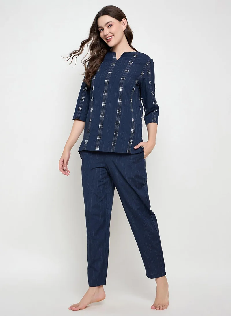 كلوفيا Clovia Printed Top & Pyjama Set in Navy - Cotton