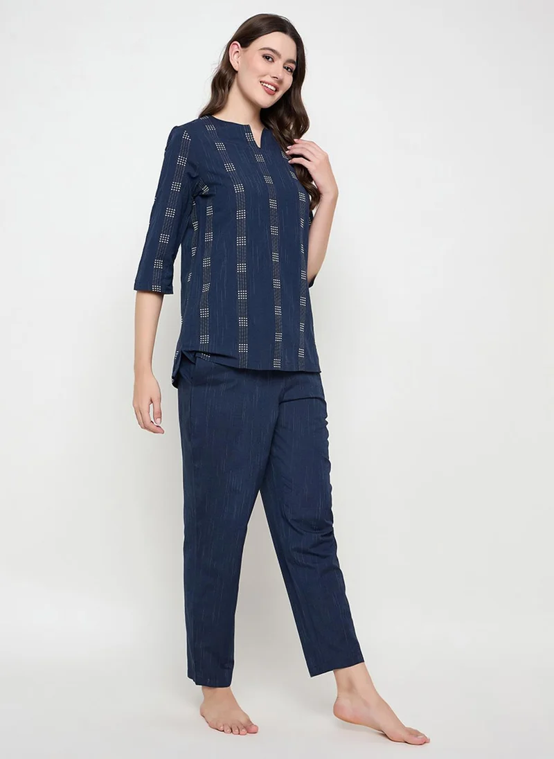 كلوفيا Clovia Printed Top & Pyjama Set in Navy - Cotton