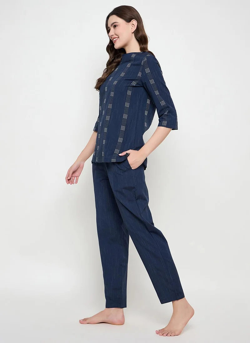 كلوفيا Clovia Printed Top & Pyjama Set in Navy - Cotton